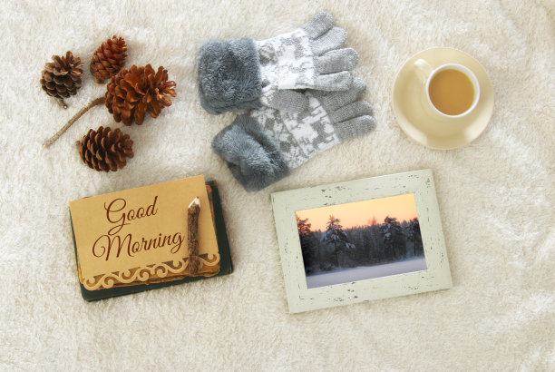 注上文字:早上好，在舒适温暖的毛皮地毯上喝一杯卡布奇诺。前视图。图片下载