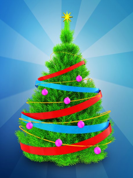 3d霓虹绿色圣诞树在蓝色图片下载