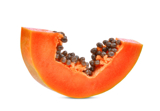 切片成熟木瓜:切片成熟木瓜，种子在白色背景上分离，种子在白色背景上分离图片下载