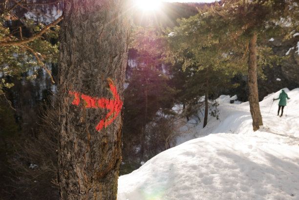 红色箭头的奥勒克斯山路径冬季景观图片下载