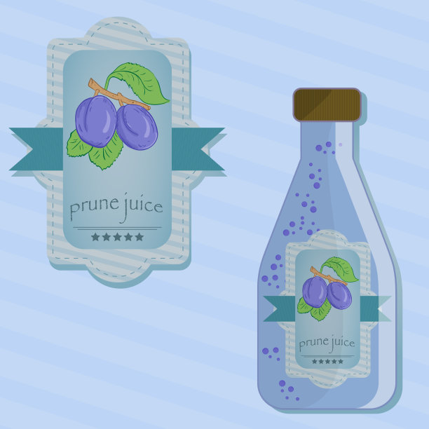 西梅汁的标签和瓶子的平面插图图片下载