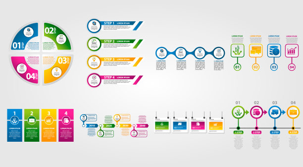 现代矢量插图3d。模板信息图设置四个元素，扇区和百分比。包含图标和文本。专为商业，演示，网页设计，图表4个步骤图片下载