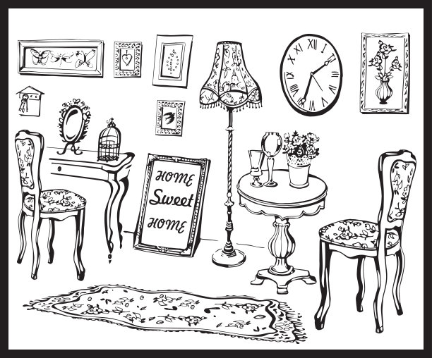 甜蜜的家。矢量插图的复古室内椅子，灯，图片，花瓶，时钟和桌子。黑色的轮廓线图片下载