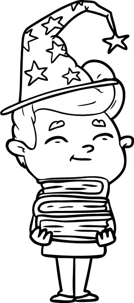 快乐的卡通巫师与新书堆叠图片下载