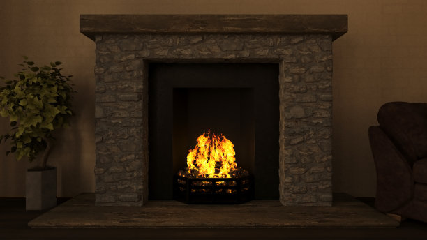 3D休息室内部与壁炉熊熊燃烧的火图片下载