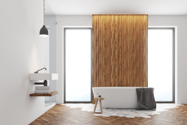 白色和深色的木制浴室内饰图片下载