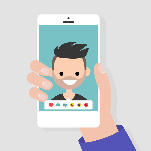 社交媒体图标。反应:大拇指向上，大拇指向下，表情符号。这张照片。千禧年的性格。手持智能手机。平面可编辑矢量插图，剪辑艺术图片下载