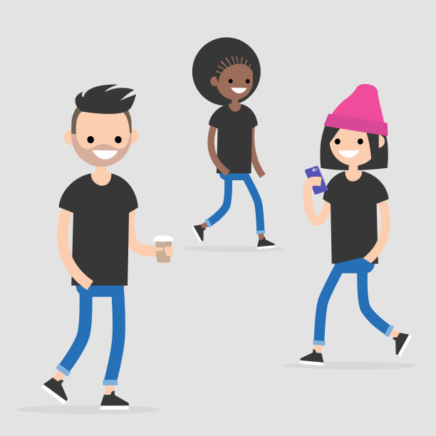 城市场景。一群穿着休闲装走路的年轻人。千禧一代。平面可编辑矢量插图，剪辑艺术图片下载