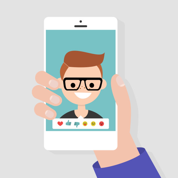 社交媒体图标。反应:大拇指向上，大拇指向下，表情符号。这张照片。千禧年的性格。手持智能手机。平面可编辑矢量插图，剪辑艺术图片下载