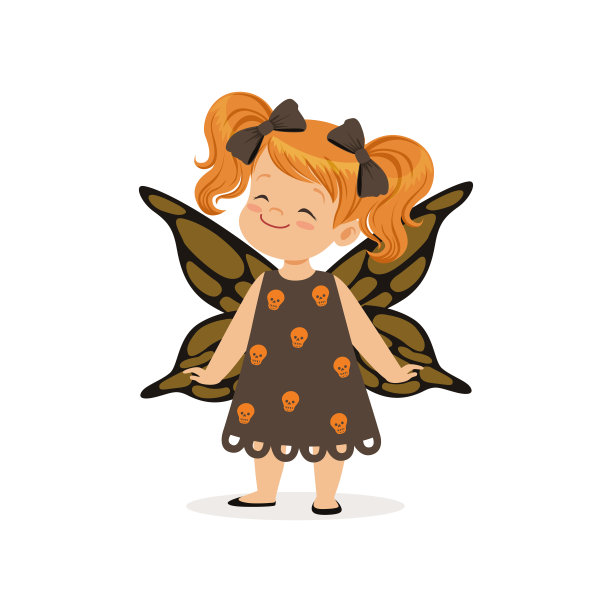 小女孩打扮成蝴蝶，可爱的孩子在万圣节服装矢量插画图片下载