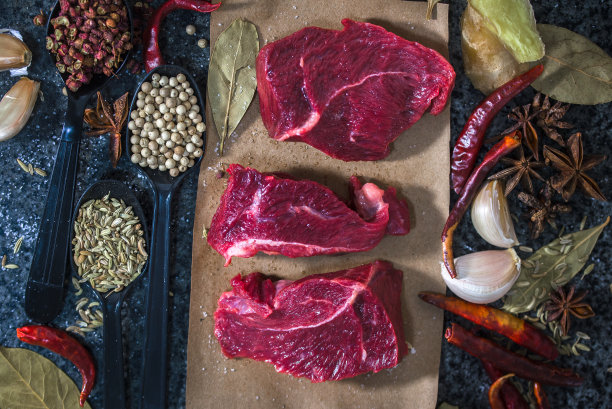 生肉。生牛排放在切菜板上，加入迷迭香和香料。图片下载