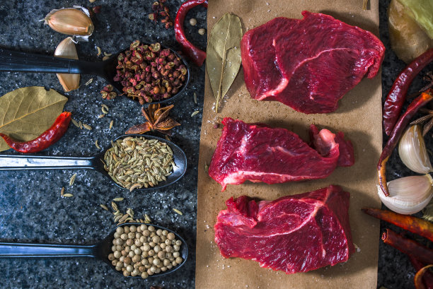 生肉。生牛排放在切菜板上，加入迷迭香和香料。图片下载