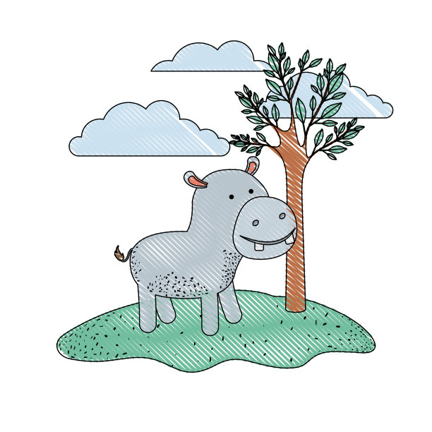 河马卡通在室外场景与树和云彩在彩色蜡笔剪影图片下载