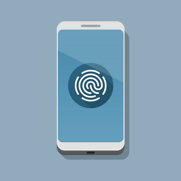 现代智能手机的屏幕上有一个指纹扫描应用程序，它是在一个平面上，并投下阴影。图片下载