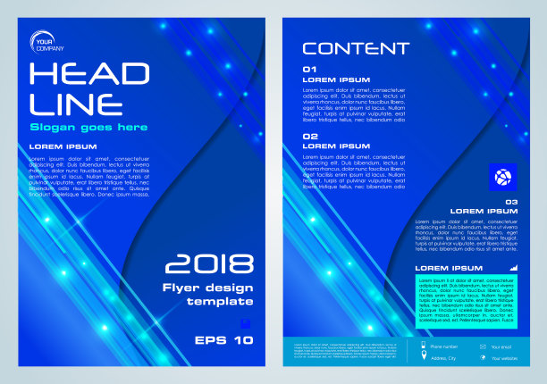 发光矢量传单，公司业务，年度报告，小册子设计和封面介绍在蓝色。图片下载