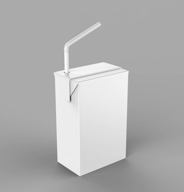 空白白色利乐包纸盒果汁和牛奶包装与稻草白色逼真渲染模拟模板设计。三维演示图片下载