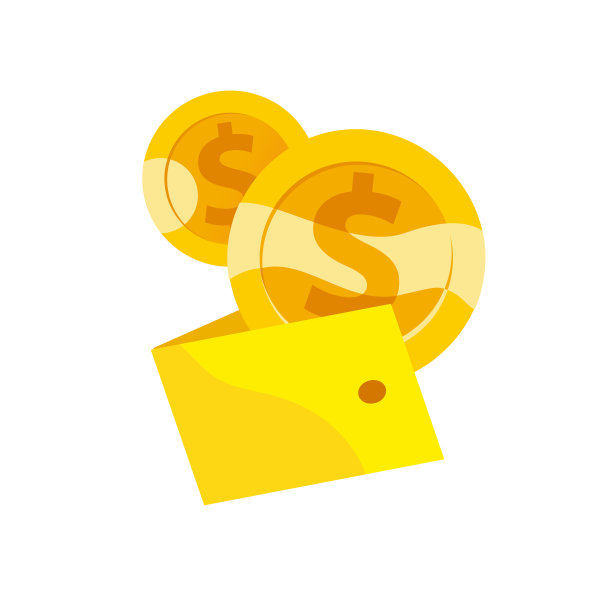 矢量平面插图的两个黄金硬币与美元货币符号落入黄色钱包孤立在白色的背景。图片下载