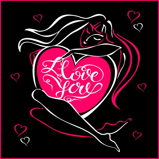 红心女孩。我爱你。刻字。在黑色的背景上。一个女孩的照片。节日贺卡的概念。情人节。向量。图片下载