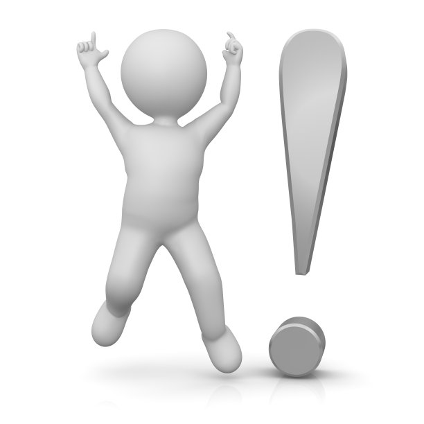 银灰色灰色感叹号点与有趣的跳棍人在赢家姿态注意标志警告符号警报图标孤立在白色背景在高分辨率作为剪贴画图片下载