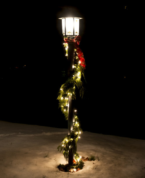 圣诞节时挂着花环和灯的灯柱图片下载