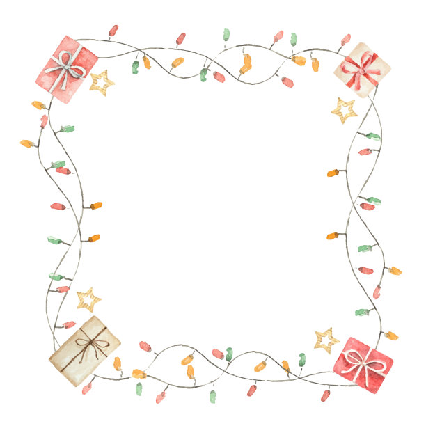 水彩圣诞框架与花环和礼物。图片下载