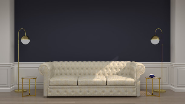 白色沙发在房间蓝色墙古典风格现代家具集3D渲染为室内设计干净木地板图片复制空间图片下载