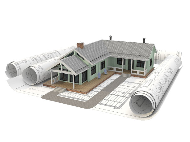 模型木屋在斯堪的纳维亚风格结束平板电脑。孤立的建筑对象在一卷工程图纸的背景下结束平面。3 d渲染。图片下载