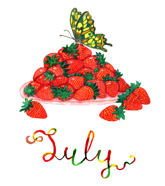 7月：成熟的草莓和美丽的蝴蝶图片下载