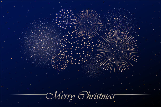 蓝色夜空背景上的烟火表演。圣诞节的概念。祝贺你的背景。矢量图素材图片