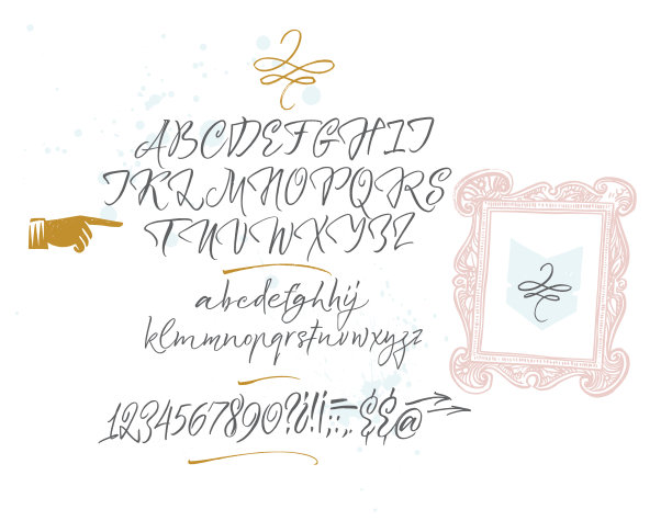 优雅的书法笔刷字体与装饰:巴洛克式框架，斜杠和指针。图片下载
