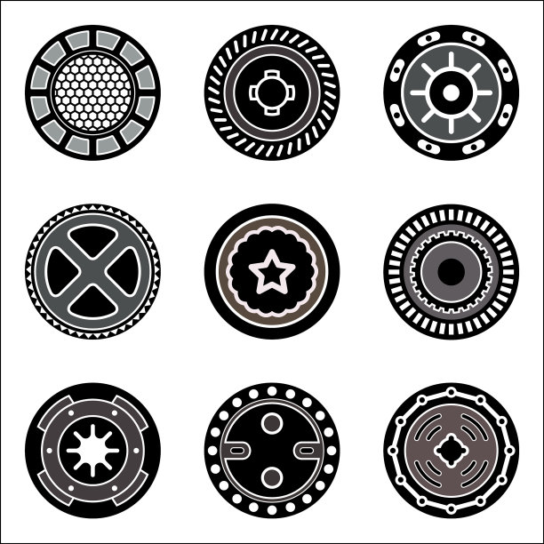 各种类型的圆盖和法兰。矢量图标图片下载