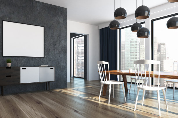 蓝色窗帘的餐厅，有海报的一面图片下载