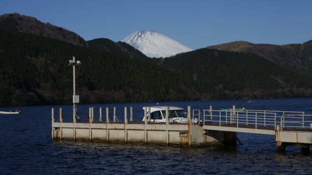 箱根湖以富士山为背景。旅游与自然的概念图片下载