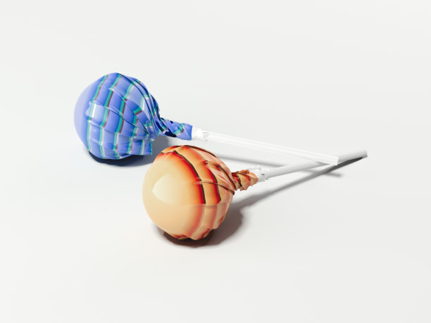 两根彩色包装纸里的棒棒糖。三维渲染素材图片