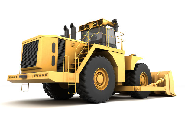 强大的概念。巨大的黄色液压推土机被隔离在白色上。从左向右。3 d演示。广角。后视图片下载