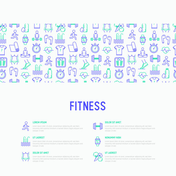 健身概念与细线图标跑步，哑铃，腰部，健康食品，游泳池，脉搏，无线耳机，运动服，瑜伽。现代矢量插图的网页。图片下载