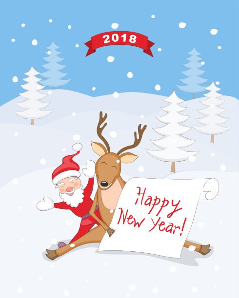 2018年的贺卡上有圣诞老人、驯鹿和纸图片下载