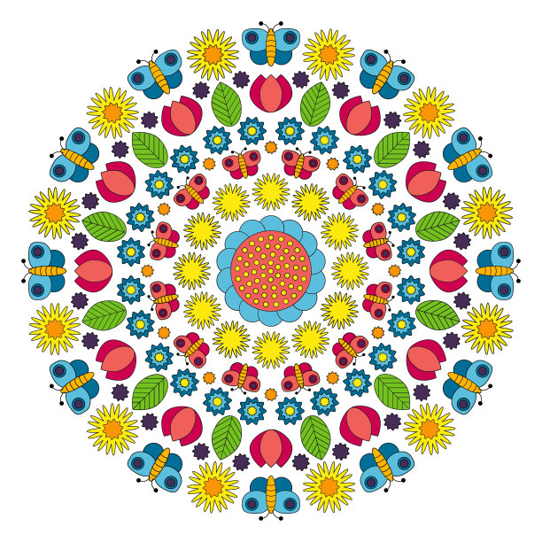 矢量彩色圆形春天曼陀罗与蝴蝶图片下载