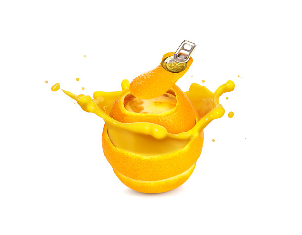 鲜橙汁与喷溅罐装形象概念图片下载