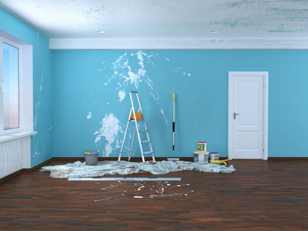 在房间里修理。粉刷和抹灰墙壁。图片下载
