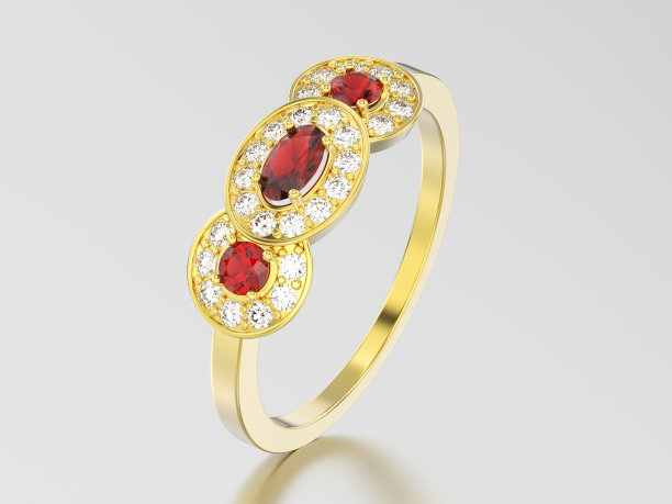 3D插图铰链锁和三个红宝石宝石单人订婚戒指图片下载
