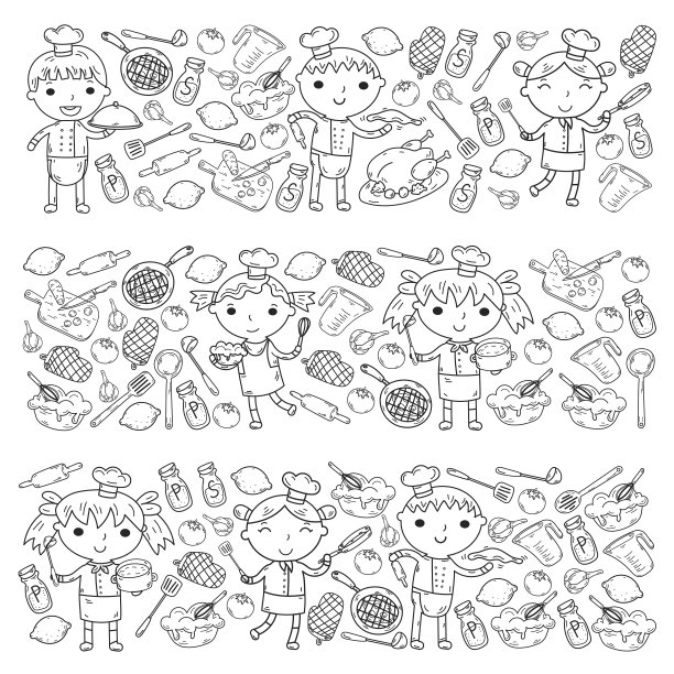 可爱的孩子厨师在白色的背景儿童烹饪厨房儿童烹饪课着色页图片下载