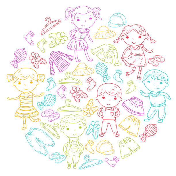 儿童服装套装。矢量图标。幼儿园。托儿所。工作室。学校的服装。夏天的衣服。孩子的商店图片下载