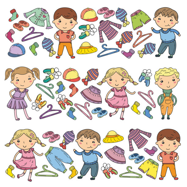 儿童服装套装。矢量图标。幼儿园。托儿所。工作室。学校的服装。夏天的衣服。孩子的商店图片下载