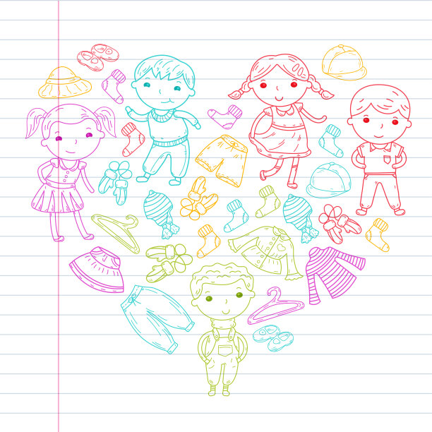 儿童服装套装。矢量图标。幼儿园。托儿所。工作室。学校的服装。夏天的衣服。孩子的商店图片下载