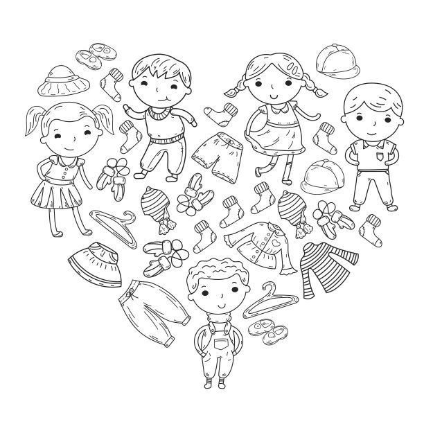 儿童服装套装。矢量图标。幼儿园。托儿所。工作室。学校的服装。夏天的衣服。孩子的商店图片下载