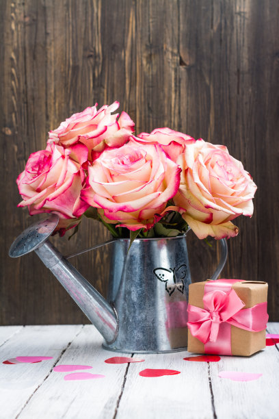 美丽的粉红色玫瑰在一个锡喷壶木制背景图片下载