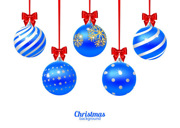 白色背景上带蝴蝶结的蓝色圣诞球。矢量图图片下载