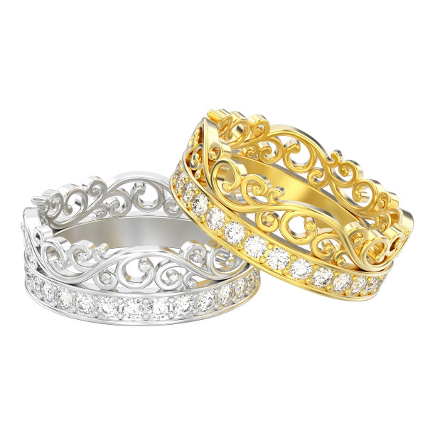 3D插图孤立两个黄色和白色金或银装饰皇冠钻石戒指图片下载