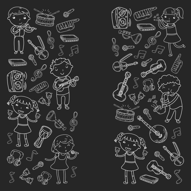 儿童音乐学校矢量插图儿童唱歌，弹奏乐器幼儿园涂鸦图标收集插图为儿童音乐课图片下载